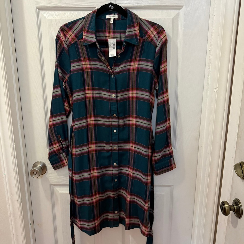 Maurices Teal Plaid Button Front Belted Shirt Dress Tunic Women Medium Cabincore